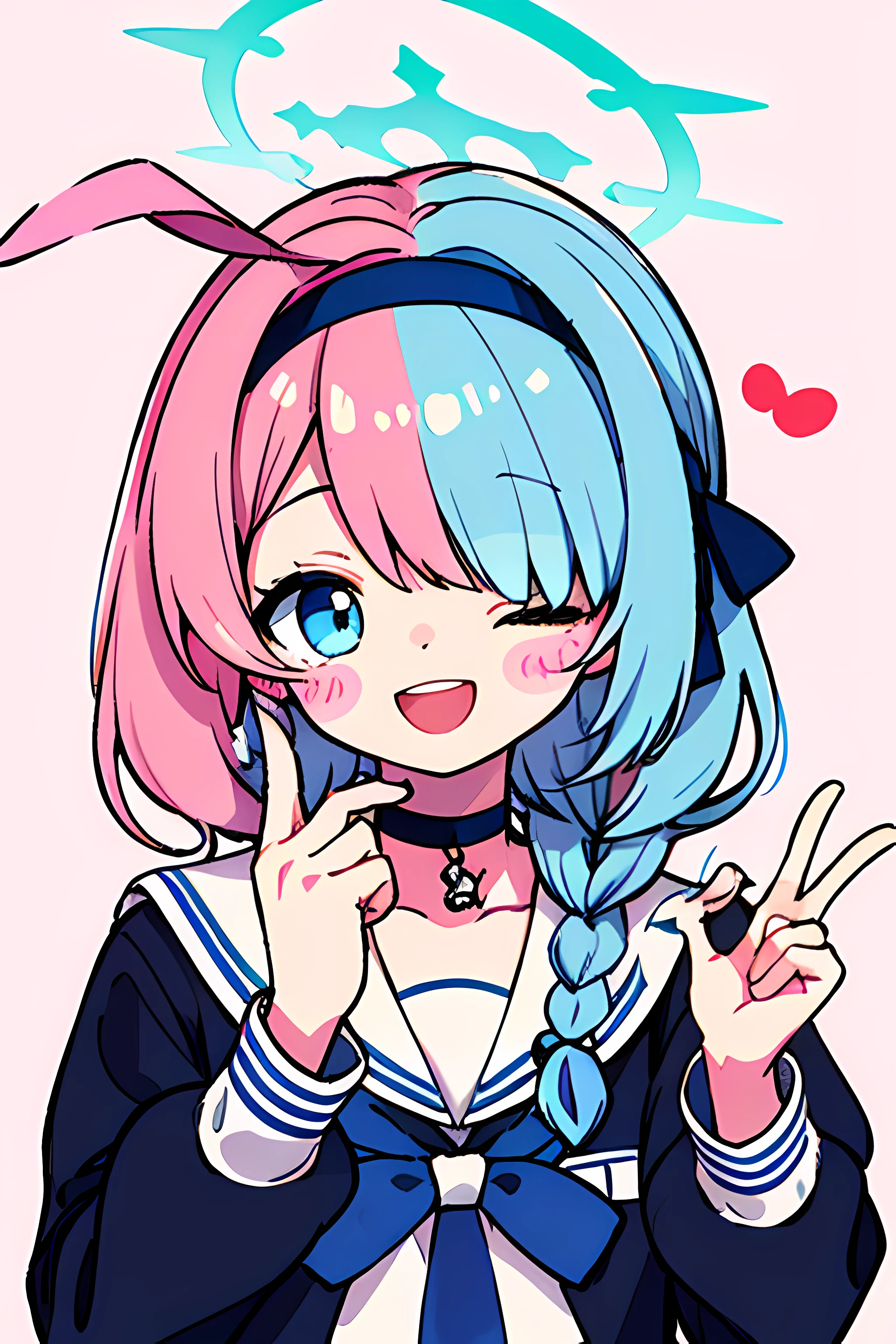 masterpiece, intricate detail,best quality 1girl, arona (blue archive), blue hair, white sailor collar, one eye closed, blue shirt, shirt, v, long sleeves, smile, solo, puffy long sleeves, sailor collar, white bow, bow, braid, bangs, multicolored hair, blue eyes, upper body, sparkle, halo, hairband, ribbon, , white hairband, hair over one eye, blush stickers, single braid, puffy sleeves, open mouth, white choker, white ribbon, ;d, hair ribbon, choker, blue serafuku, serafuku, two-tone background, looking at viewer, two-tone hair, heart, blush, pink background, white background, pink hair, stuffed toy