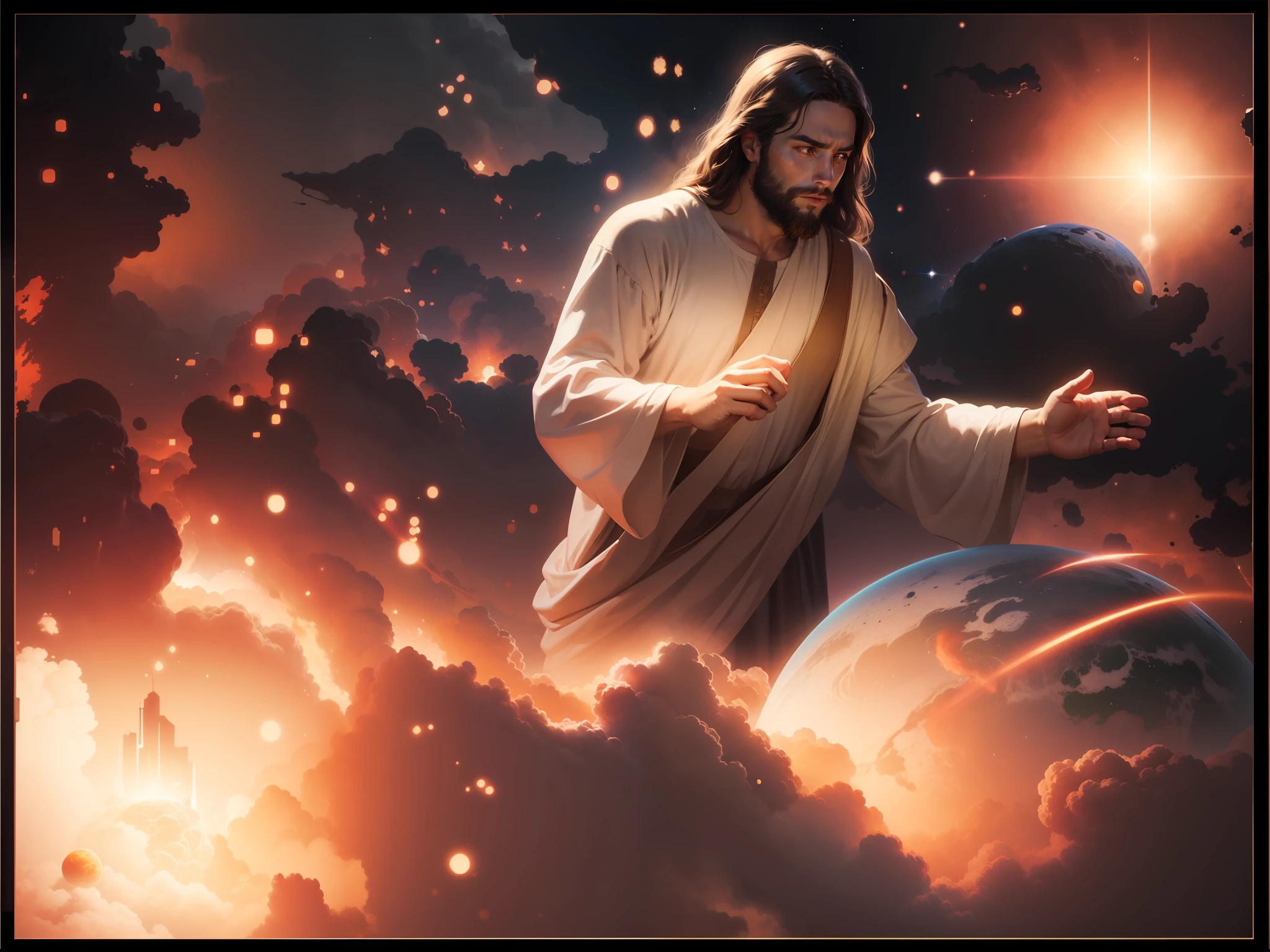 Jesus, God, surrounded by nebulae creating planet Earth, cosmos, 4K ...