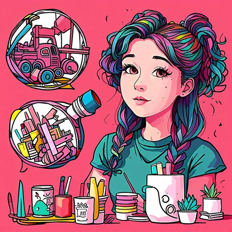"illustration, Guibli, Cute girl pulls her hair up，Painting with a metal bucket filled with various colored brushes，Get a closer...