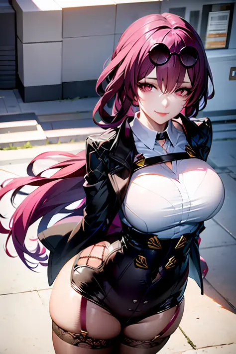 masterpiece, best quality, 1girl, KafkaV4, large breasts, shiny skin, purple hair, shirt, white shirt, jacket, eyewear on head, sunglasses, very long hair, standing, outdoors, night, light city, professional lighting, ((arms behind back)), lace-trimmed leg...