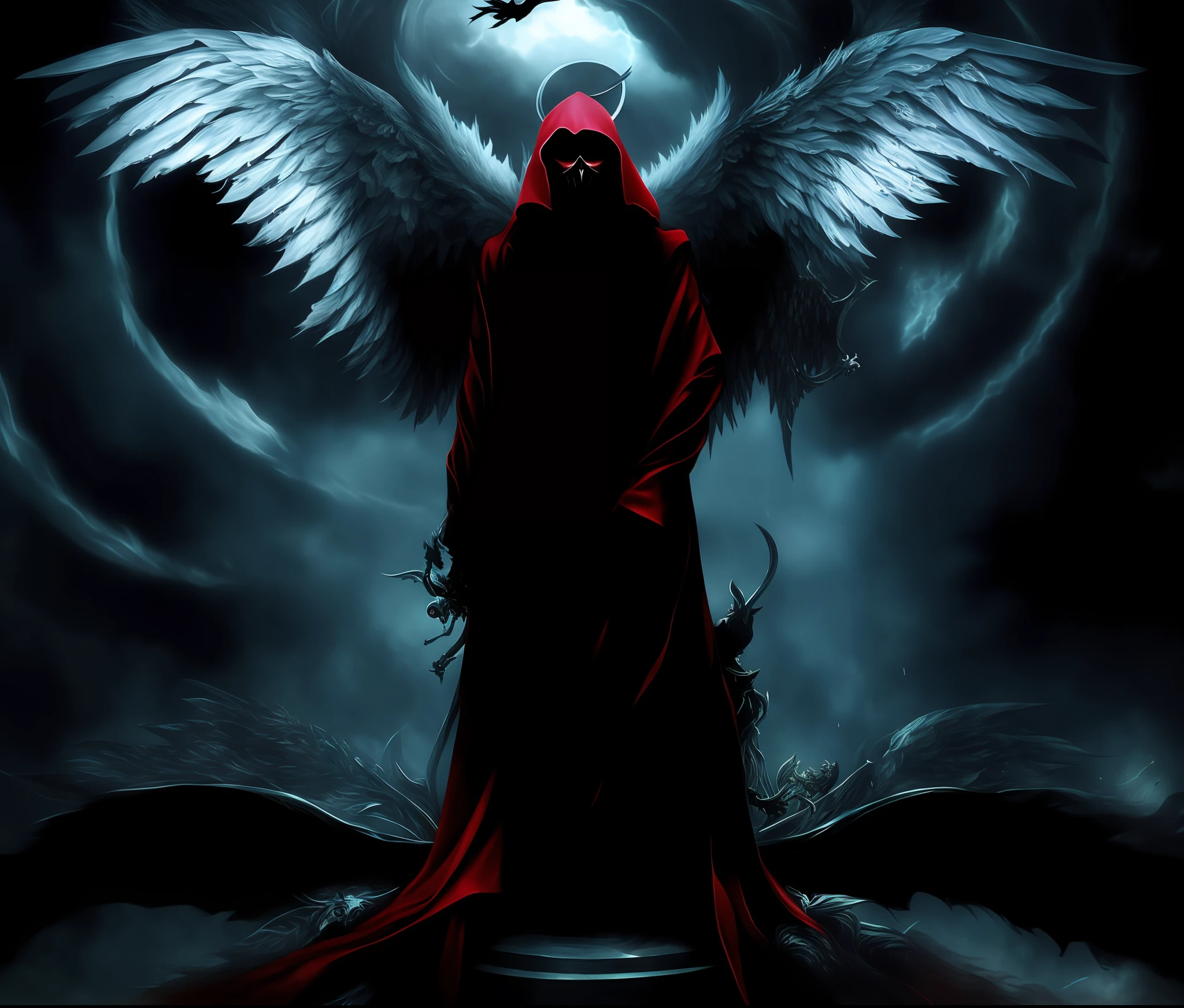 A dark angel with wings and a red cloak standing in front of a full moon -  SeaArt AI