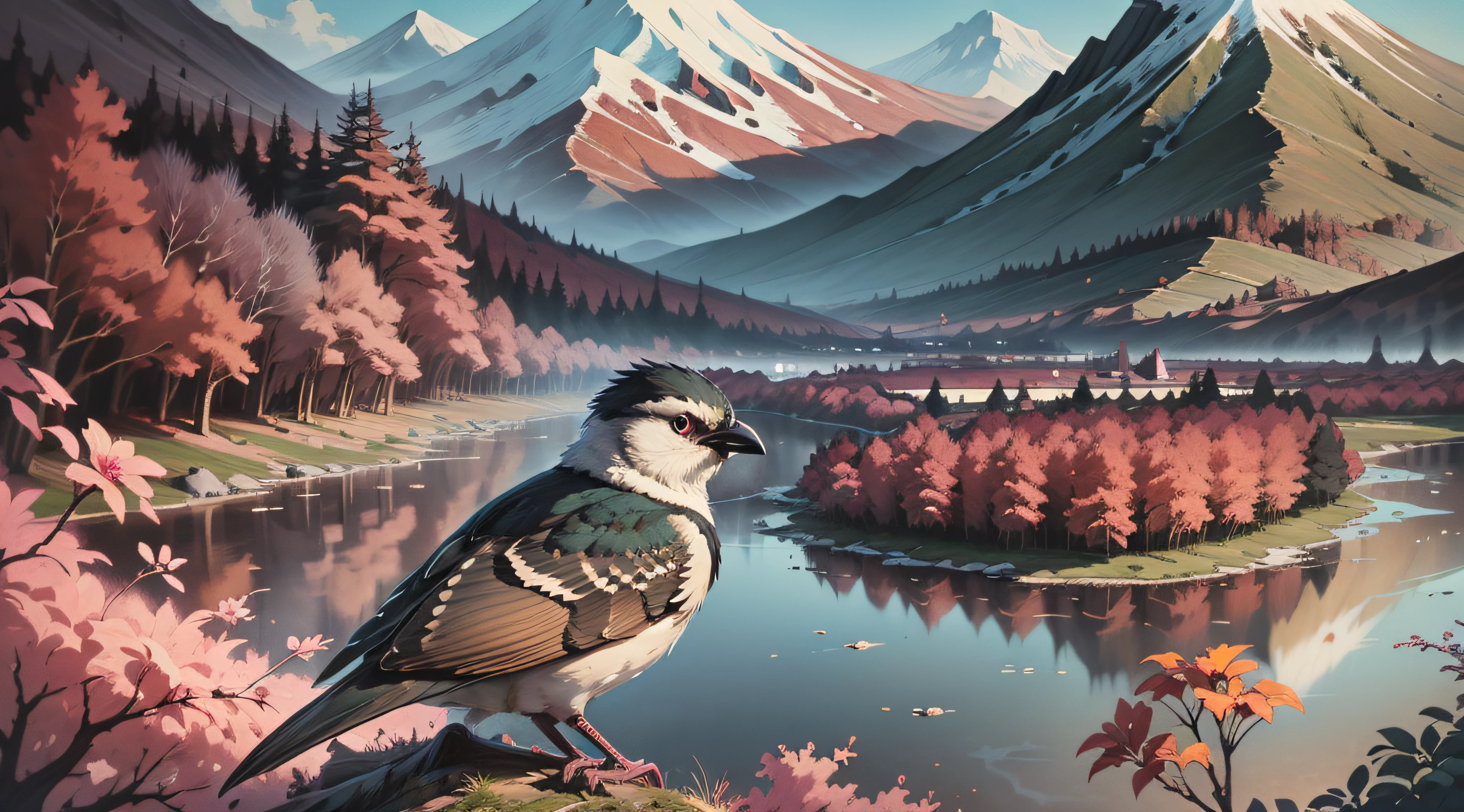 there is a bird that is sitting on a stick in the grass, concept art inspired by Josetsu, pixiv contest winner, shin hanga, anime nature wallpaper, hold sword in the forest, anime nature, anime countryside landscape, detailed key anime art, heroine japan vivid landscape, anime landscape wallpaper, dojo on a mountain, japan nature, mount fuji background