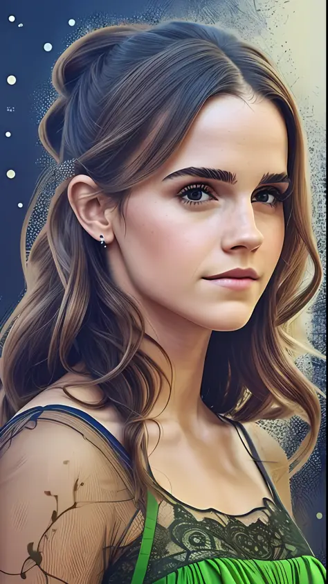close-up de uma mulher em um vestido prateado e azul, rosto semelhante a Emma Watson misturado com a Rachel Weisz,  (olhos ultra...