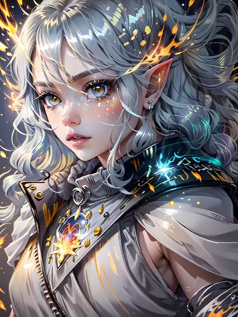 digital ilustration, anime style, woman, ((elf)), iridescent eyes, star eyes, starry sky, (magic circle), shimmer hair, glowing ...