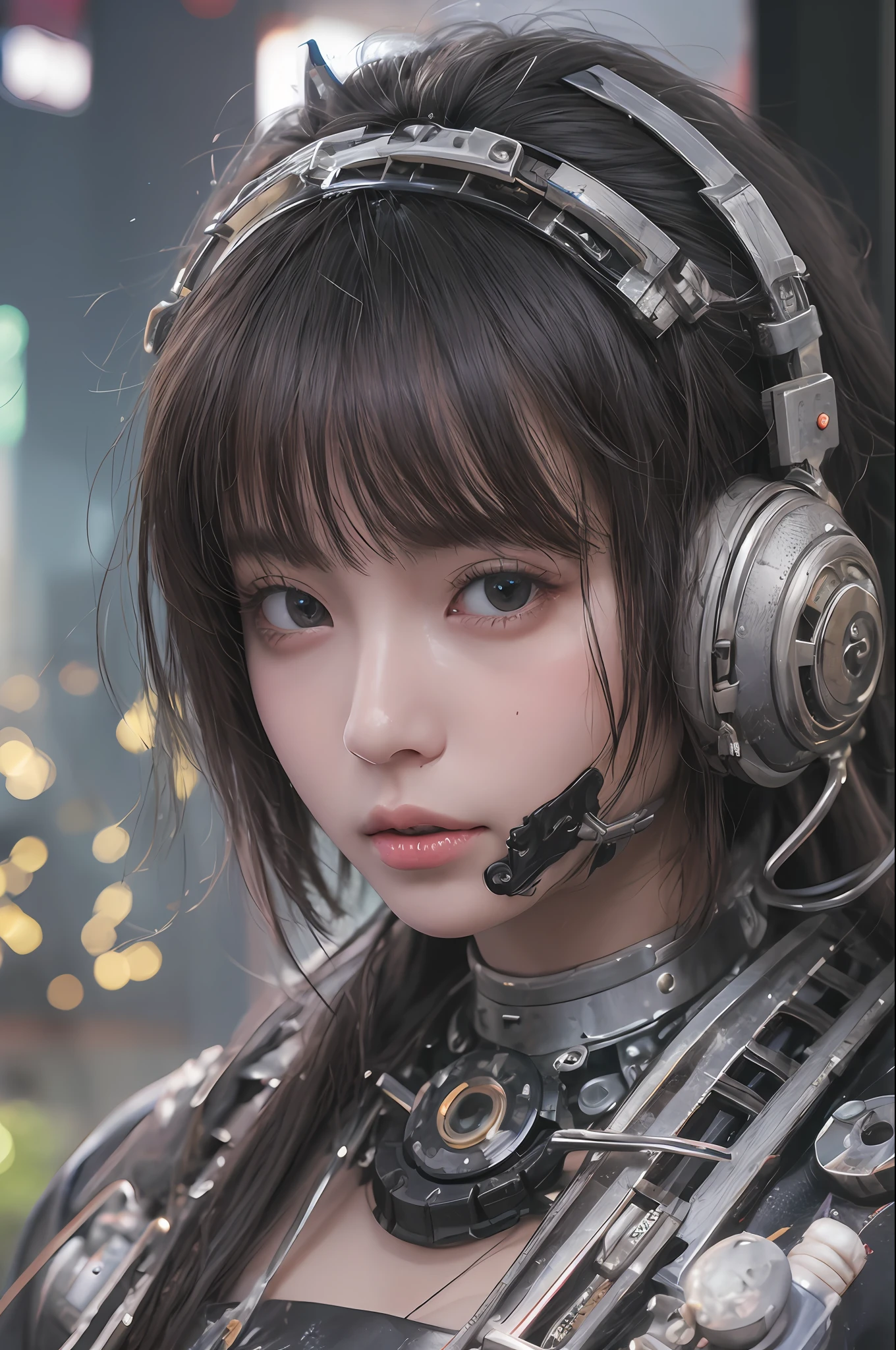 Top Quality, Masterpiece, Ultra High Resolution, (Photorealistic: 1.4), Raw Photo, 1 cyberpunk Girl, Black Hair, Glossy Skin, 1 Mechanical Girl, depth of field focus f/2.8, (Ultra Realistic Detail)), Full body, standing pose, Contrast, Shadows, Octane Rendering, 8K, Ultra Sharp, Cleavage Exposed, Raw Skin, Metal, Intricate Ornament Details, Japan Details, Very intricate details, realistic light, CGSoation trend, facing the camera, neon details, mechanical limbs, blood vessels connected to the tube, mechanical vertebrae attached to the back, mechanical cervical attachment to the neck, wires and cables connecting to the head, gundam, small LED lamps.