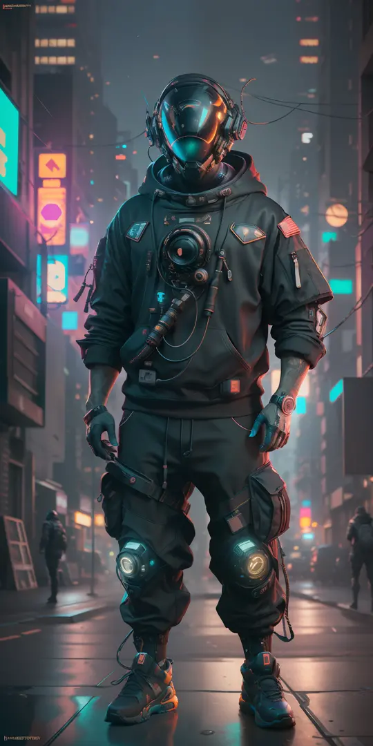 (masterpiece, full body shot, intricate raw photography) Cyberpunk citizen, comfortable oversize black hoodie, black cargo pants...