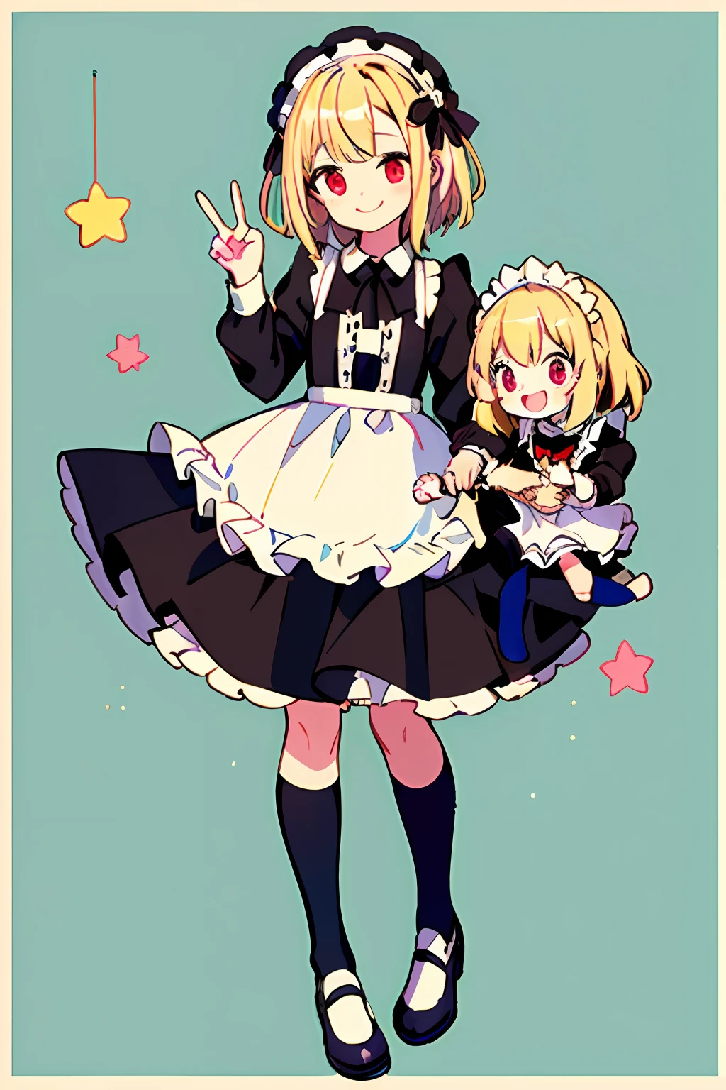 (masterpiece), best quality, an adorable and heartwarming depiction of sisterhood, (1girl) with beautiful blonde hair and red eyes in a cute maid dress, (medium hair), (smiling) and making a peace sign, standing next to her big sister with expressionless face and gorgeous long blonde hair, (lolli), (female child), full body shot with a dynamic pose.