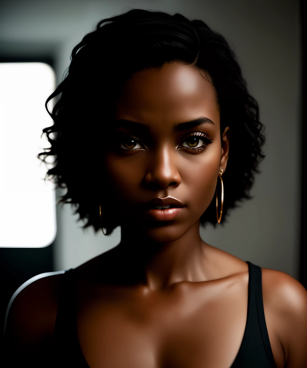 black female blkmndy, aggression, flirting with the camera, natural skin texture, hyper realism soft light, close up portrait photo by Annie Leibovitz, film, studio lighting, detailed skin, ultra realistic, bokeh, sharp feature