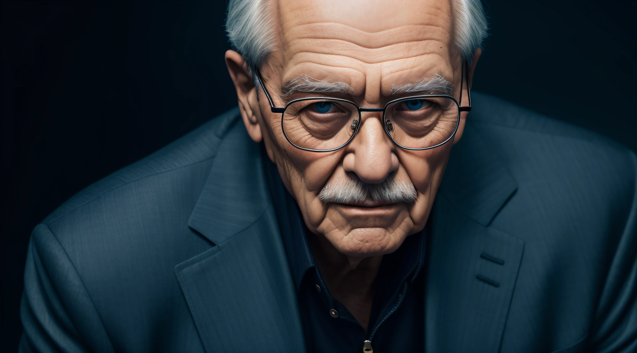 old man with glasses, jacket over all suit, dark background, black, half body hair short blue eyes, ultra realistic, 8k, high definition