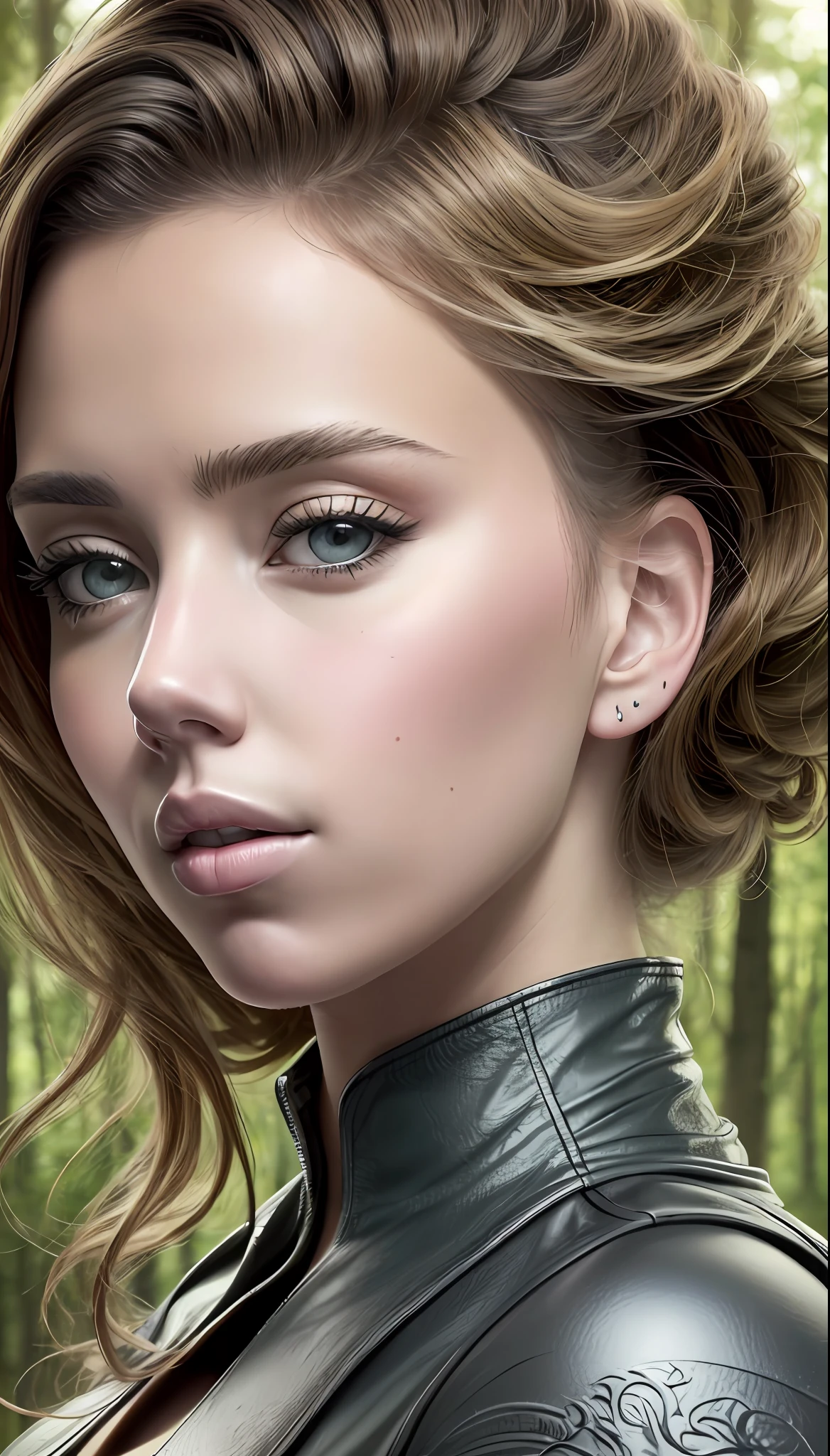 a woman with a face similar to Scarlett Johansson mixed with Jennifer Lawrence, with elven clothes, ((fully body: 1.6)), (Masterpiece artwork: 1.5), (best qualityer), (photorrealistic:1.6), 8k, (detailed skin texture), detailed fabric texture, beautiful detailed face, details Intricate, (ultra detaild: 1.6), (a forest in the background),