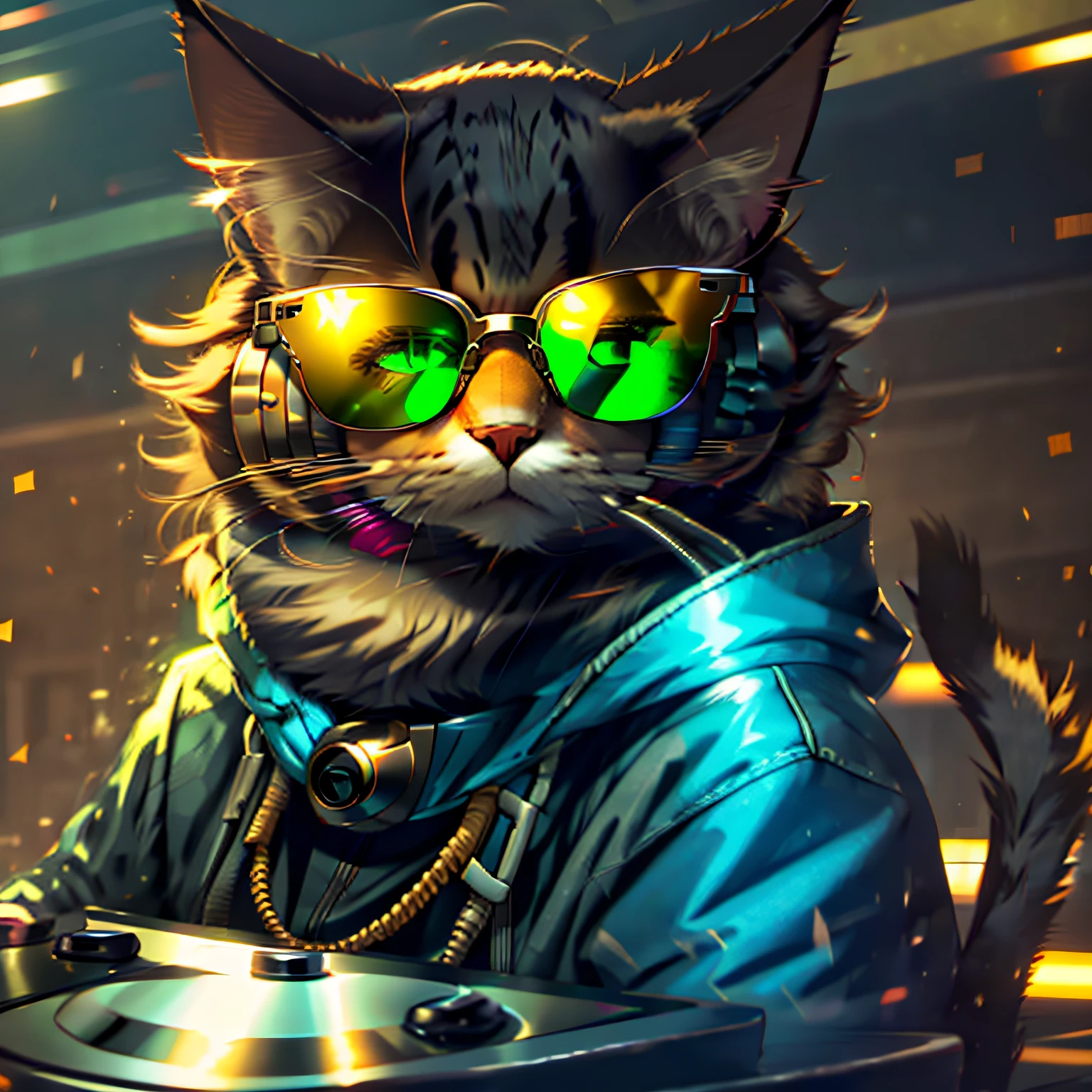 戴着太阳镜和耳机的快乐猫, 像 DJ 一样, HDR 图像--自动