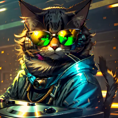 HAPPY CAT IN SUNGLASSES AND HEADPHONES, LIKE A dj, HDR IMAGE --auto