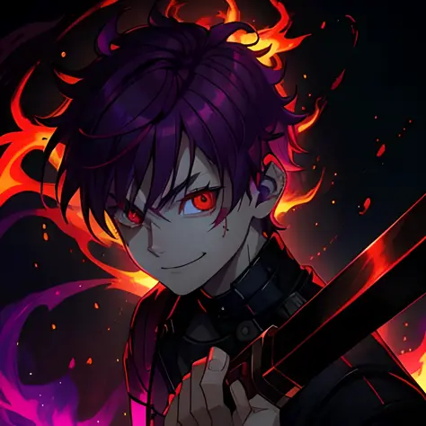 nalito,1boy,red eyes,best quality,purple_hair,lighting,holding_weapon,looking_at_viewer,burning,flame,evil_smile