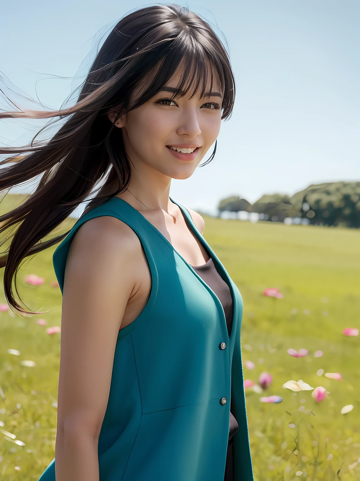 masterpiece, realistic, hyperrealistic, best quality, rinoa, long hair, black hair, arm warmers, sleeveless coat, black shirt, blue skirt, arm ribbon, upper body, from side, (smile), wind, RAW photo, delicate, (intricate details:1.3), hyper detail, finely detailed, colorful, dark shadow, 1girl, solo, 8k uhd, film grain, (photorealistic:1.3), (detailed skin:1.2), beautiful detailed eyes, skin textures, sun light, grassland, flowers, (petals in sky, falling petals,)