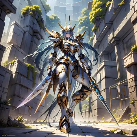 Space Champion,( Giant sword:1.5),(Knight's sword:1.3), Sturdy Armor, Sunshine Casting, battlefield, (((巨作))),(((Best quality)))...