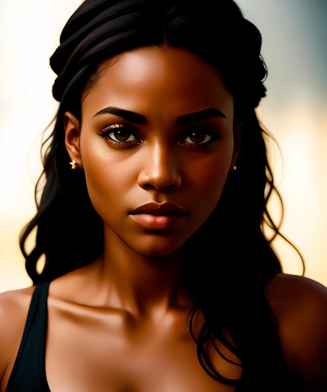 black female blkmndy, aggression, flirting with the camera, natural skin texture, hyper realism soft light, close up portrait photo by Annie Leibovitz, film, studio lighting, detailed skin, ultra realistic, bokeh, sharp feature