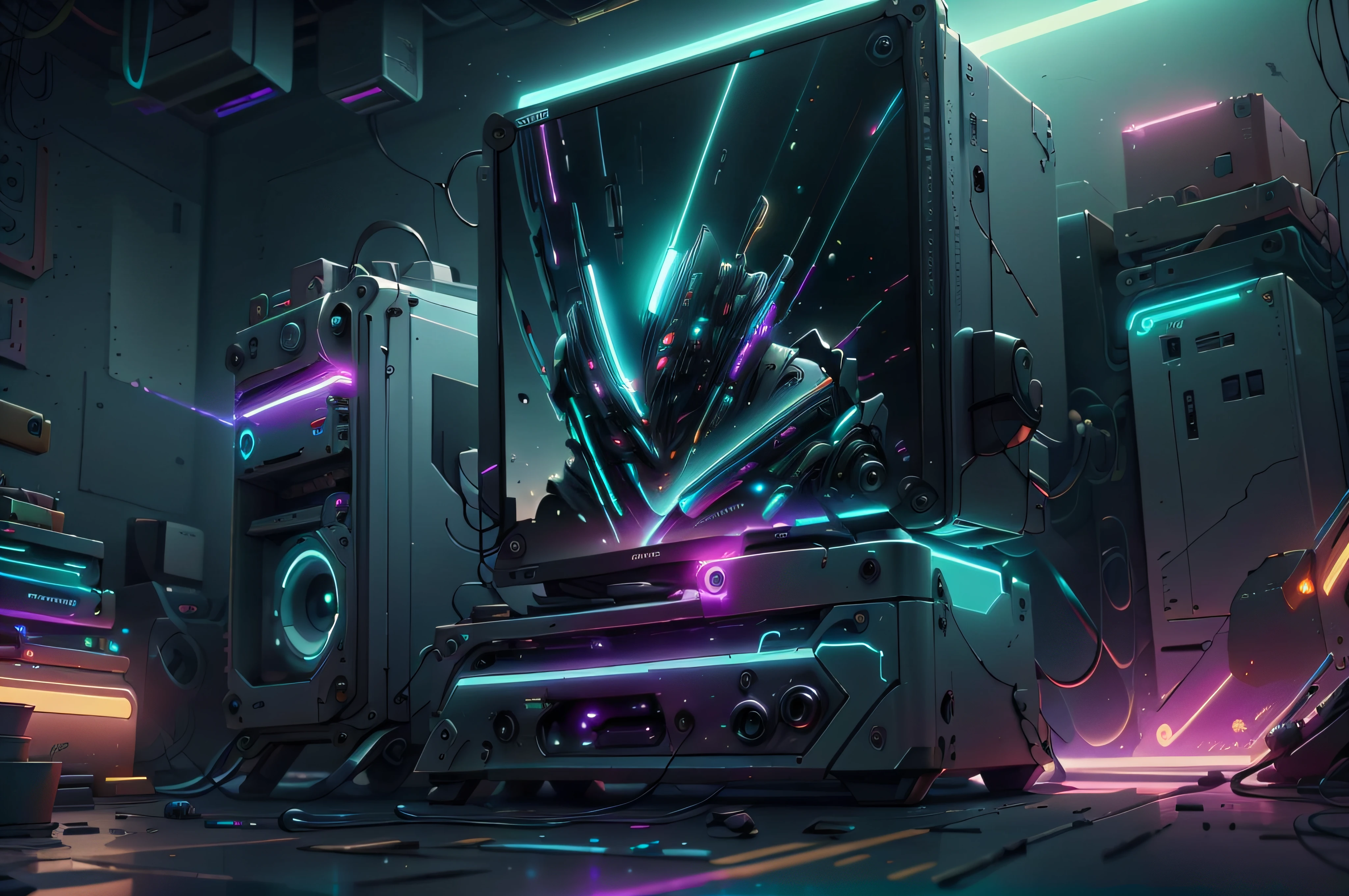 Jogos de console whit 1monitor, vidro, detalhes ornamentados, luz noturna neon , fotorrealista, 8k, Particles in the cyberpunk style scene, luzes neon, luz e cores de cinema,