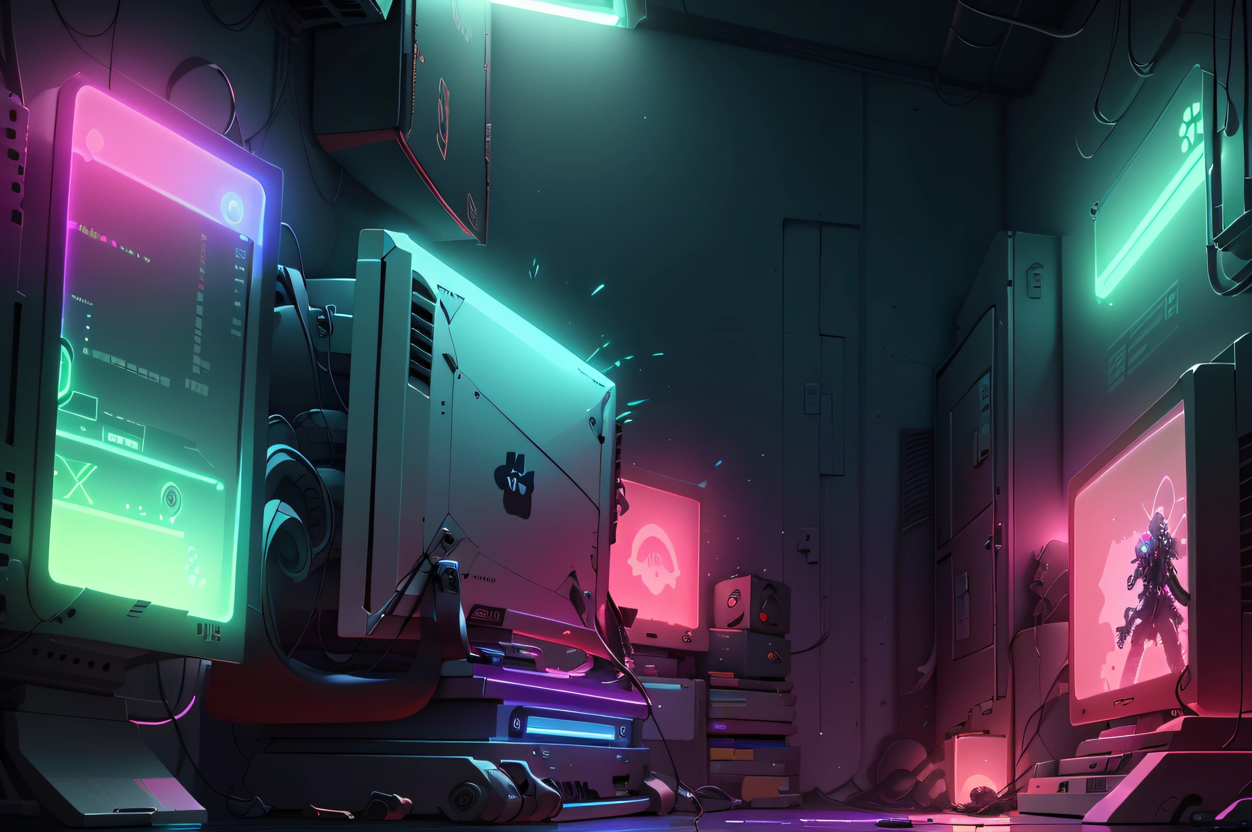 Jogos de console whit 1monitor, vidro, detalhes ornamentados, luz noturna neon , fotorrealista, 8k, Particles in the cyberpunk style scene, luzes neon, luz e cores de cinema,