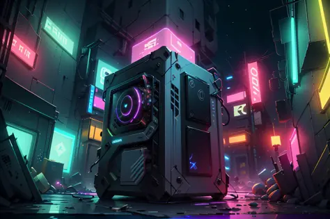 jogos de console whit 1monitor, vidro, detalhes ornamentados, luz noturna neon , fotorrealista, 8k, particles in the cyberpunk s...