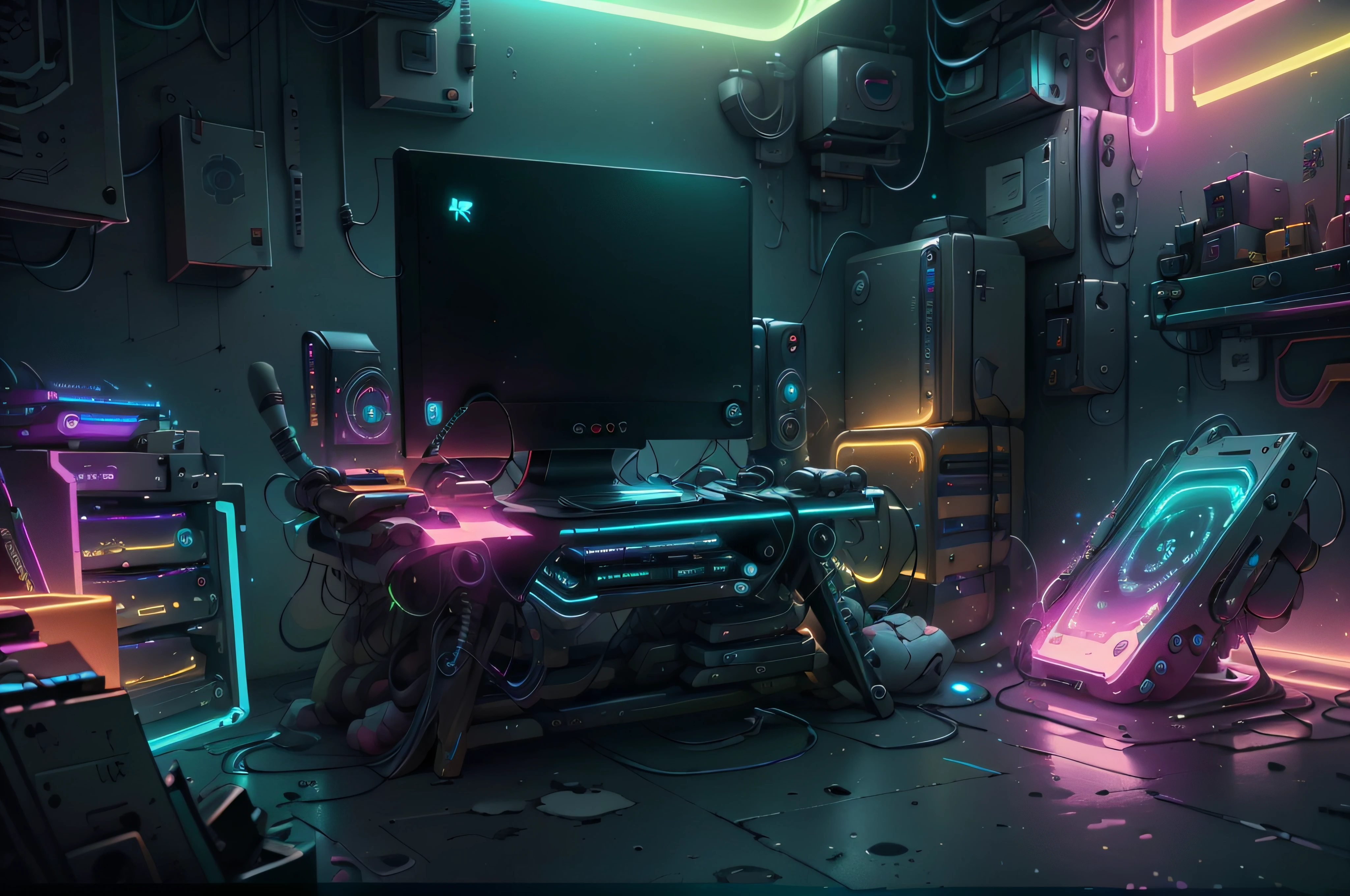 Jogos de console whit 1monitor, vidro, detalhes ornamentados, luz noturna neon , fotorrealista, 8k, Particles in the cyberpunk style scene, luzes neon, luz e cores de cinema,