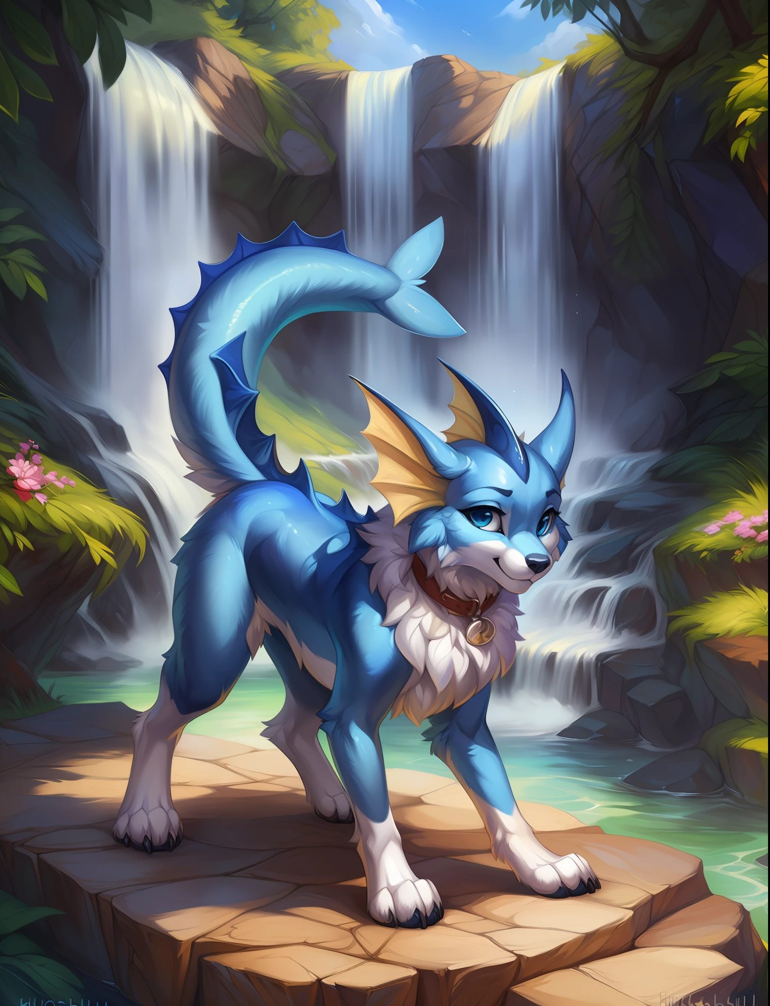 animal focus, three-quarter view, (feral), vaporeon, eeveelution, presenting hindquarters, fur, raised tail, (solo), big eyes, pupils, paws, waterfall, ((symmetrical)), female, anatomically correct, anatomically correct, (anatomically correct, (canine, animal, masterpiece, best quality, by hioshiru, snowskau, foxovh. impasto impressionism, by Michael & Inessa Garmash, Ruan Jia, Pino Daeni, detailed background, blue eyes, navy blue,