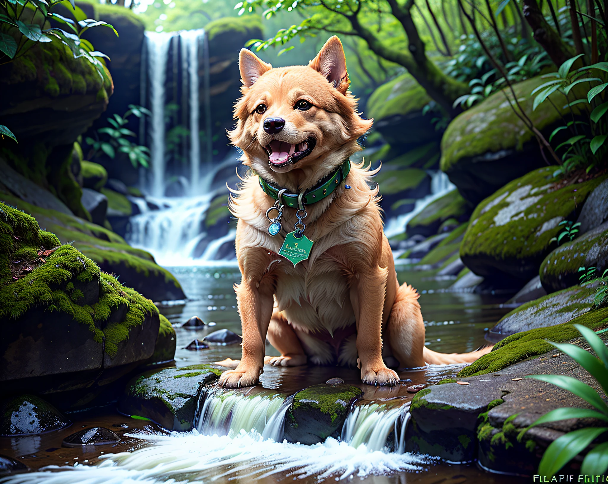 "(extremely detailed, best quality) UM CACHORRO BRINCANDO COM MUITA FELICIDADE EM UMA CACHOEIRA, (depth of field:1.2, wide shot, foliage, nature:1.2),(blurred out background:0.9, many flying waters droplets around, wet fur, glowing water:1.2, green hue filter):0.8"