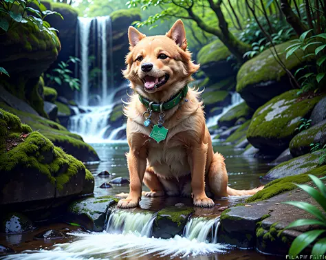 "(extremely detailed, best quality) UM CACHORRO BRINCANDO COM MUITA FELICIDADE EM UMA CACHOEIRA, (depth of field:1.2, wide shot,...