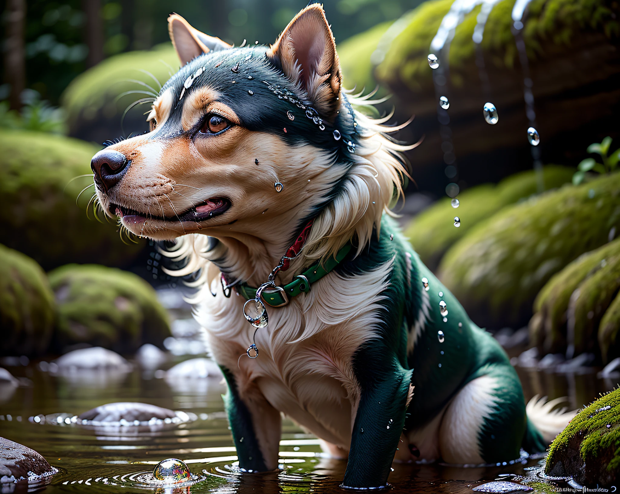 "(extremely detailed, best quality) UM CACHORRO BRINCANDO COM MUITA FELICIDADE EM UMA CACHOEIRA, (depth of field:1.2, wide shot, foliage, nature:1.2),(blurred out background:0.9, many flying waters droplets around, wet fur, glowing water:1.2, green hue filter):0.8"