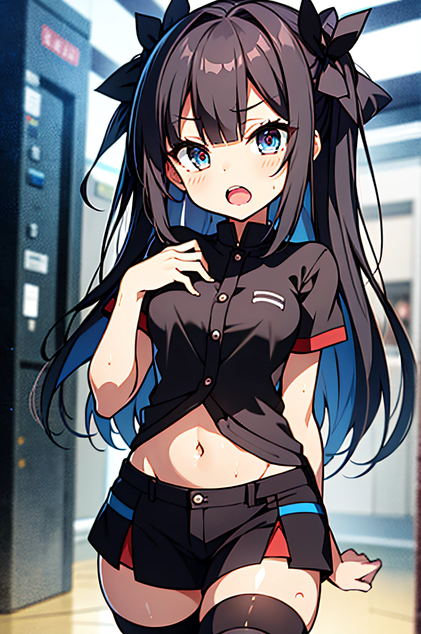 master piace, 最好质量,ultra hyper-detailed,8K_wall paper,(Beautiful  eyes),((a cute)),(Wonderful),(erotick),anime moe art style,1girl in,Solo,,Mini skirt,1girl in,,black har,shirts,Long hair,,Navel,,Small breasts,,(((zettai ryouiki))),Wet T-Shirt:1.5,Short sleeves,Open mouth,double tooth,