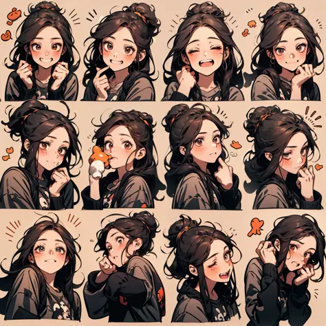 cute  girls，emoji pack，9 emojis，emoji sheet，Align arrangement，9 poses and expressions（Grieving，astonishment，having fun，excitement，big laughter，Touch your head，Sell moe, wait），Anthropomorphic style，Disney style，Black strokes，9 different emotions，9 poses and...