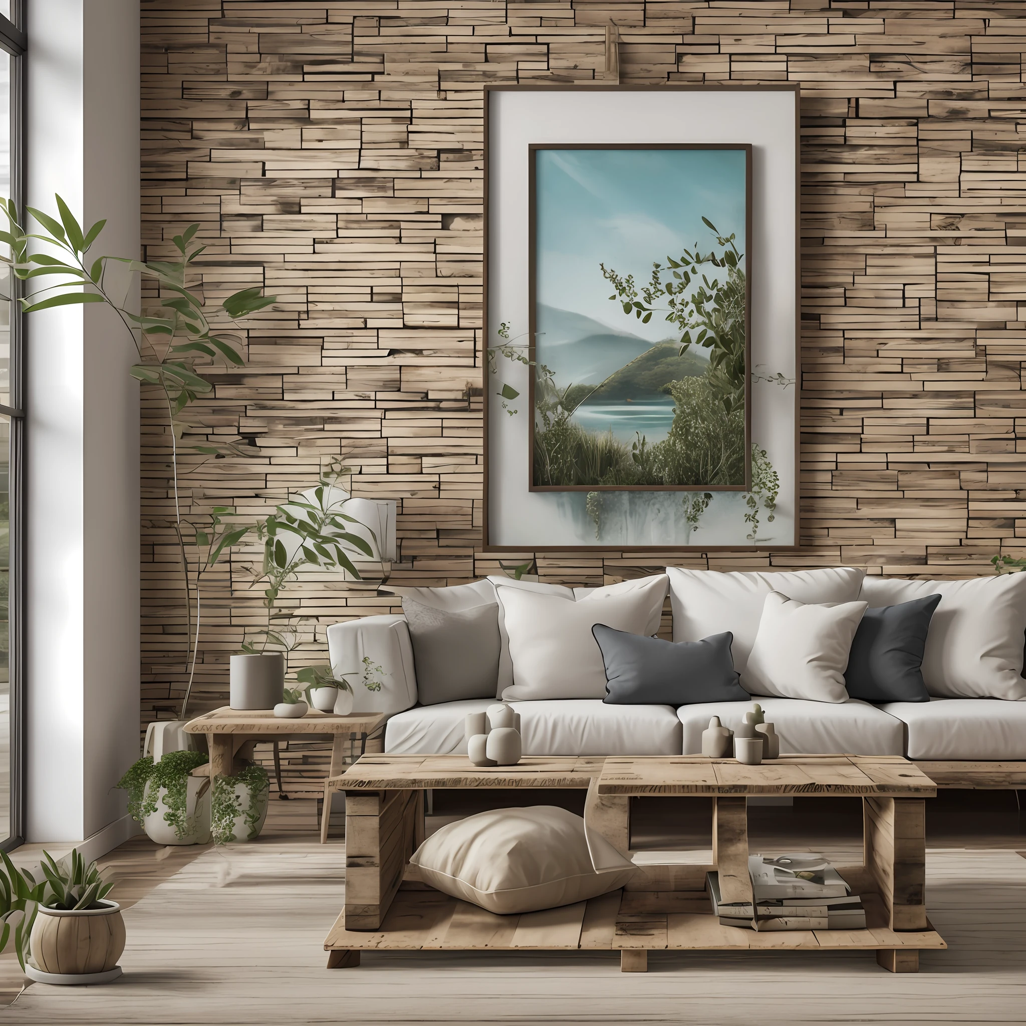 Sala de estar realista, imagem real com armonia de fotografia moderna, rustic sofas with pallets, tapete e plantas penduradas, parede branca e lisa ao fundo. 50mm full frame, 8k