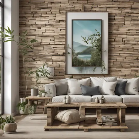 Sala de estar realista, imagem real com armonia de fotografia moderna, rustic sofas with pallets, tapete e plantas penduradas, p...