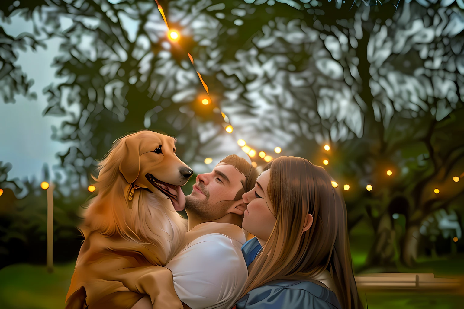 Il y a un homme et une femme qui s'embrassent avec un chien dans le  parc - SeaArt AI