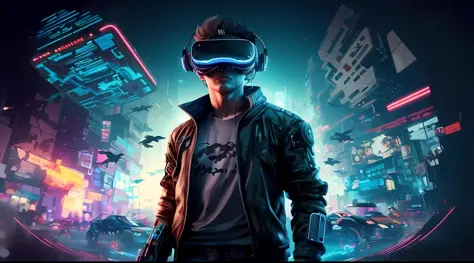 a man in a black jacket and glasses stands in front of a futuristic city, vr game, cyberpunk vibe, cyberpunk vibes, deeper into the metaverse we go, has cyberpunk style, cyberpunk theme, in cyber punk 2077, cyberpunk futuristic, cyberpunk future, synthwave...