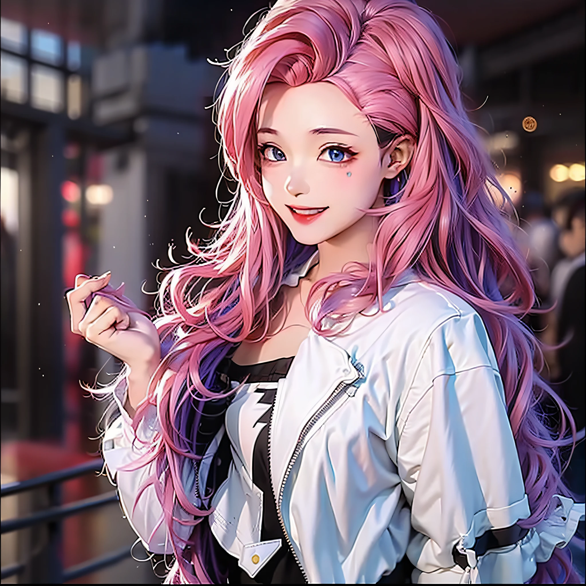 A beautiful girl with pink hair wearing a white leather jacket with azúis details and shiny jewelry. She's looking at the camera holding a sundae, 8k, qualidade alta, extremamente detalhado, obra prima, detalhes finos, cabelo rosa, alta resolução, esclera colorida, busto, sorridente, Estilo realista hiperdetalhado, fundo claro, estilo realista e suave, detailed render