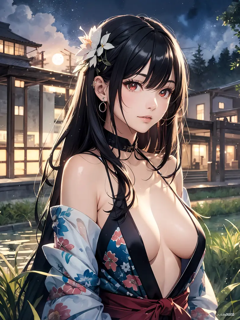 extremely detailed body,girl,woman,female,mature,30 years old,long hair,bangs,streaked hair,black hair,shiny hair,beautiful detailed cold face,cold smile,bright pupils,bare_shoulders,medium_breasts,(red eyes),hair_flower, kimono,(see-through),((no underwea...