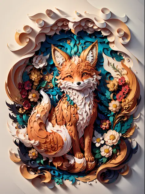 (((masterpiece))),best quality, illustration, paper quilling paper cut fox detailed complex pattern