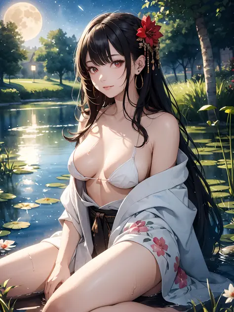 extremely detailed body,girl,woman,female,mature,30 years old,long hair,bangs,streaked hair,black hair,shiny hair,beautiful detailed cold face,cold smile,bright pupils,bare_shoulders,medium_breasts,(red eyes),hair_flower, kimono,((no underwear)),Lots of pi...