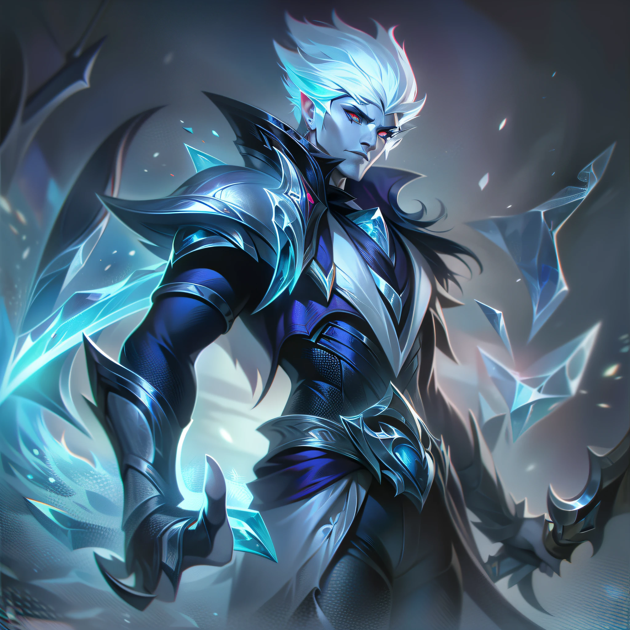 Un hombre con piel pálida y logotipos de cabello azul con una espada de hielo + fundo de gelo salpicar, salpicar, salpicar de League of Legends, hasta, pincelada, Obra-prima, 8K, ultra detallado, alta definición