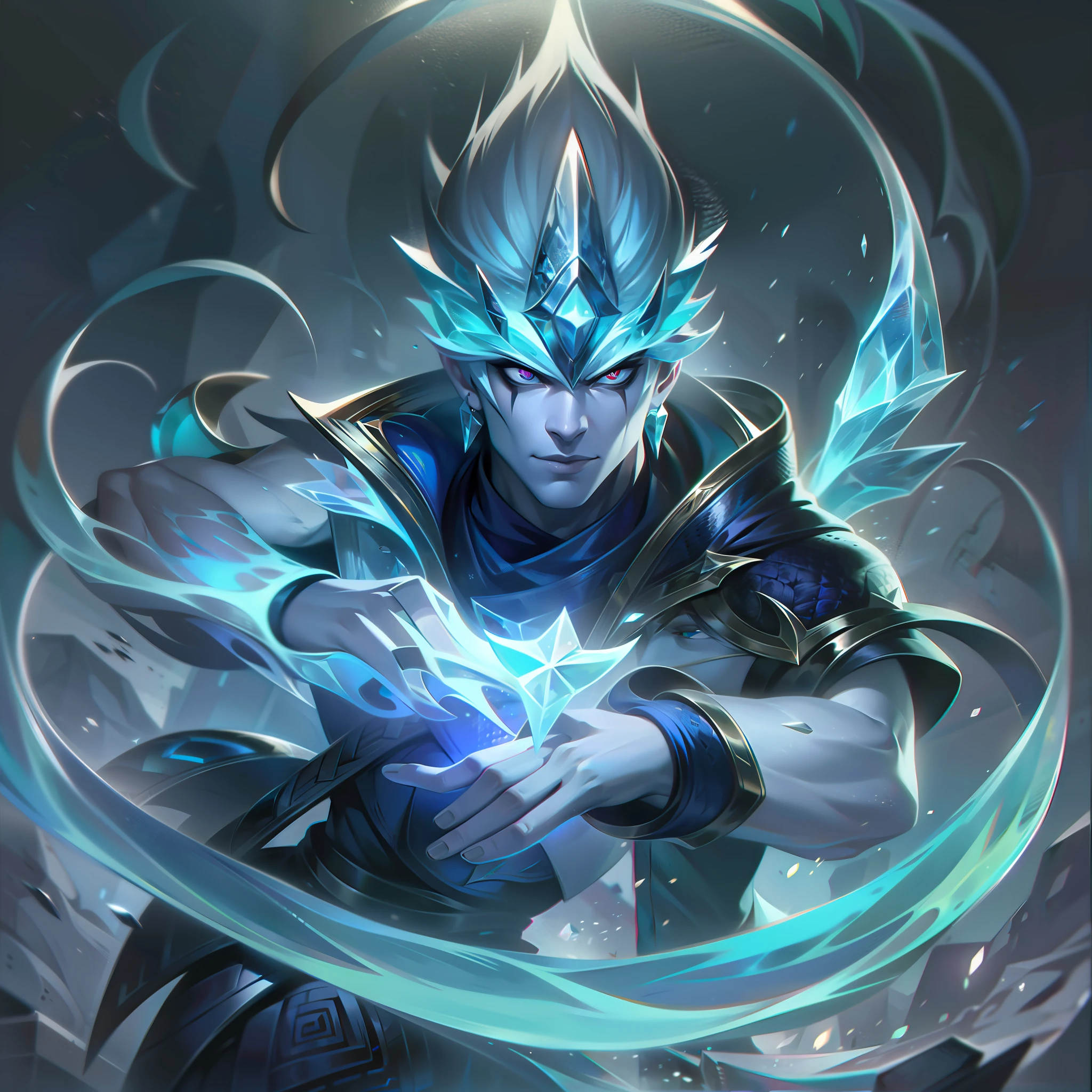 Ein Mann mit blasser Haut und blauen Haaren, der ein Eisschwert trägt + fundo de gelo Spritzer, Spritzer, Splashart von League of Legends, arte, Pinselstrich, erste Arbeit, 8k, Ultradetailliert, disco Rigid