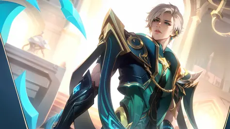 a close up of a woman in a blue and green outfit holding a sword, kda, heise jinyao, arcane jayce, ezreal (league of legends, sy...