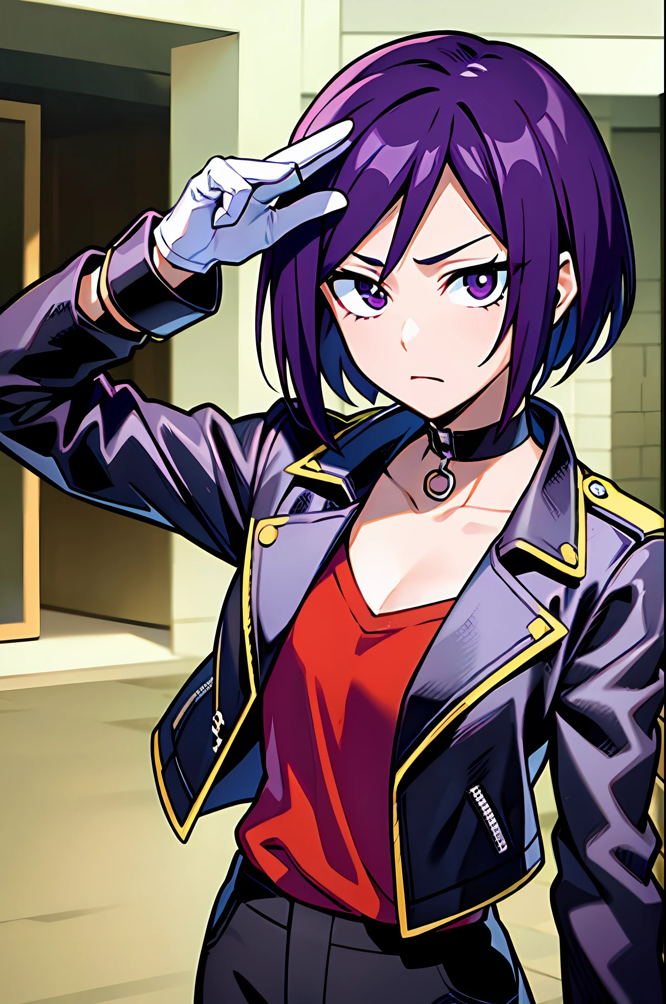 1girl, purple eyes and dark purple hair between her eyes, bob cut, medium length haircut, black leather jacket, long red-colored shirt with several rips at the collar and hem, black pants, black choker, and white fingerless gloves, (bleach and boku no hero academia style), (illustrated by Kohei Horikoshi and Tite Kubo), (style mixing), Kyoka Jiro, Rukia Kuchiki, (character mixing)