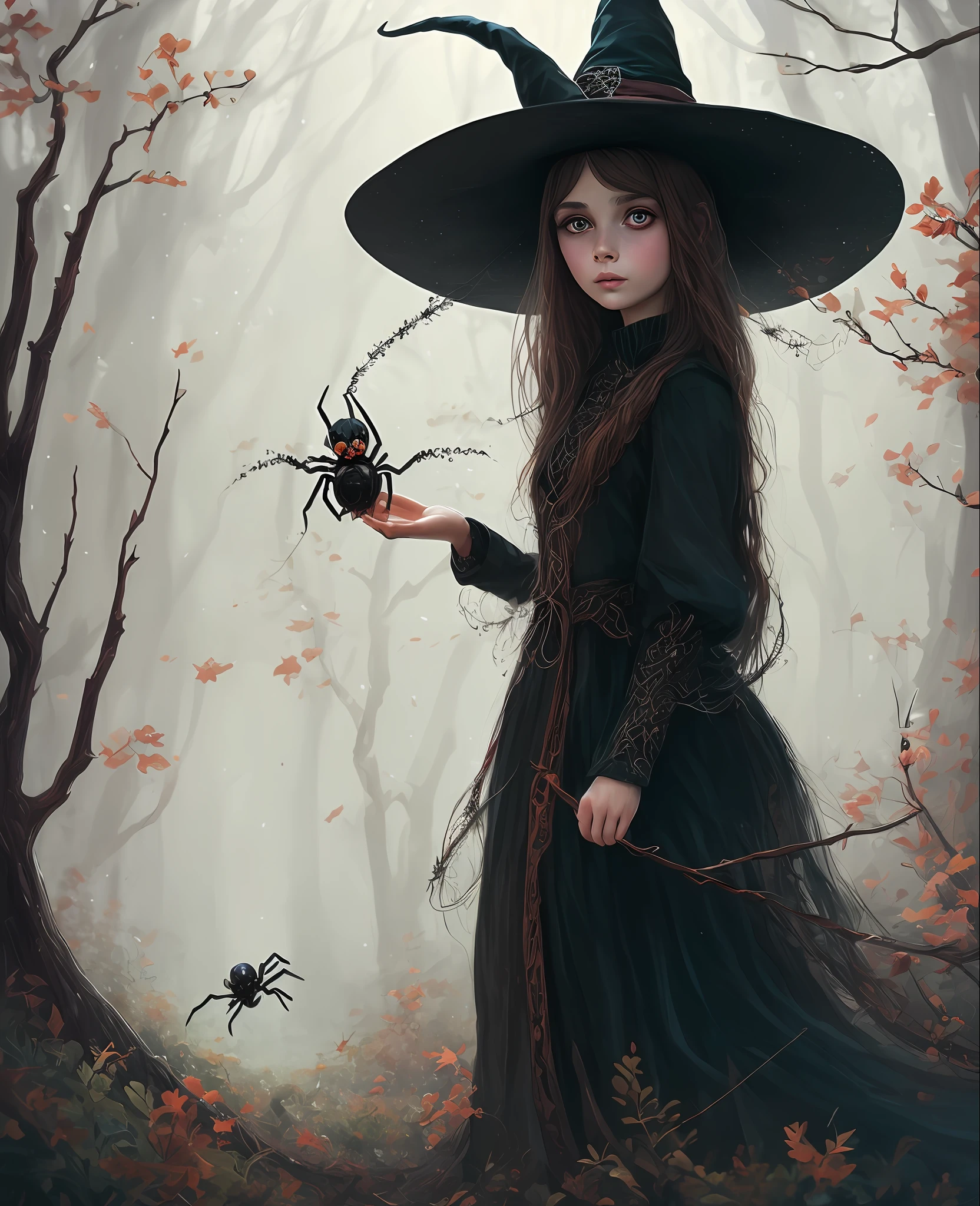 witch, 1girl, super cute spider with big bright eyes, digital painting, dreamlike, intricate details, sharp focus, trending on artstation, magical fairies in a dreamlike forest,