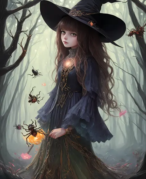 witch, 1girl, super cute spider with big bright eyes, digital painting, dreamlike, intricate details, sharp focus, trending on a...