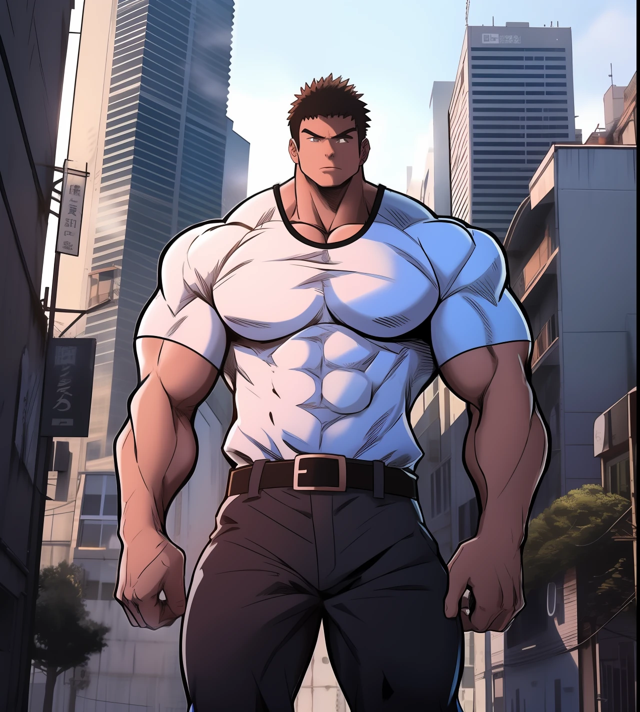 Générez des illustrations de style anime avec un plan en contre-plongée d’un personnage masculin musclé avec son corps face à la caméra, LE PERSONNAGE SE TIENT AU SOMMET D’UN GRAND IMMEUBLE, Le protagoniste doit avoir un corps extrêmement musclé, très grand, semblable à celui d’un bodybuilder. Le personnage doit avoir les cheveux très courts avec une frange brun foncé et doit porter un t-shirt rouge à manches longues avec un pantalon noir et une ceinture et doit porter une basket blanche. L’image doit représenter le corps entier du personnage, se concentrer sur sa posture intimidante. Le protagoniste doit respirer la force et la domination, Afficher une présence puissante. La scène ne doit présenter que le personnage musclé, LE PERSONNAGE DOIT ÊTRE AU SOMMET D’UN BÂTIMENT MONTRANT UNE GRANDE VILLE EN DESSOUS DE LUI