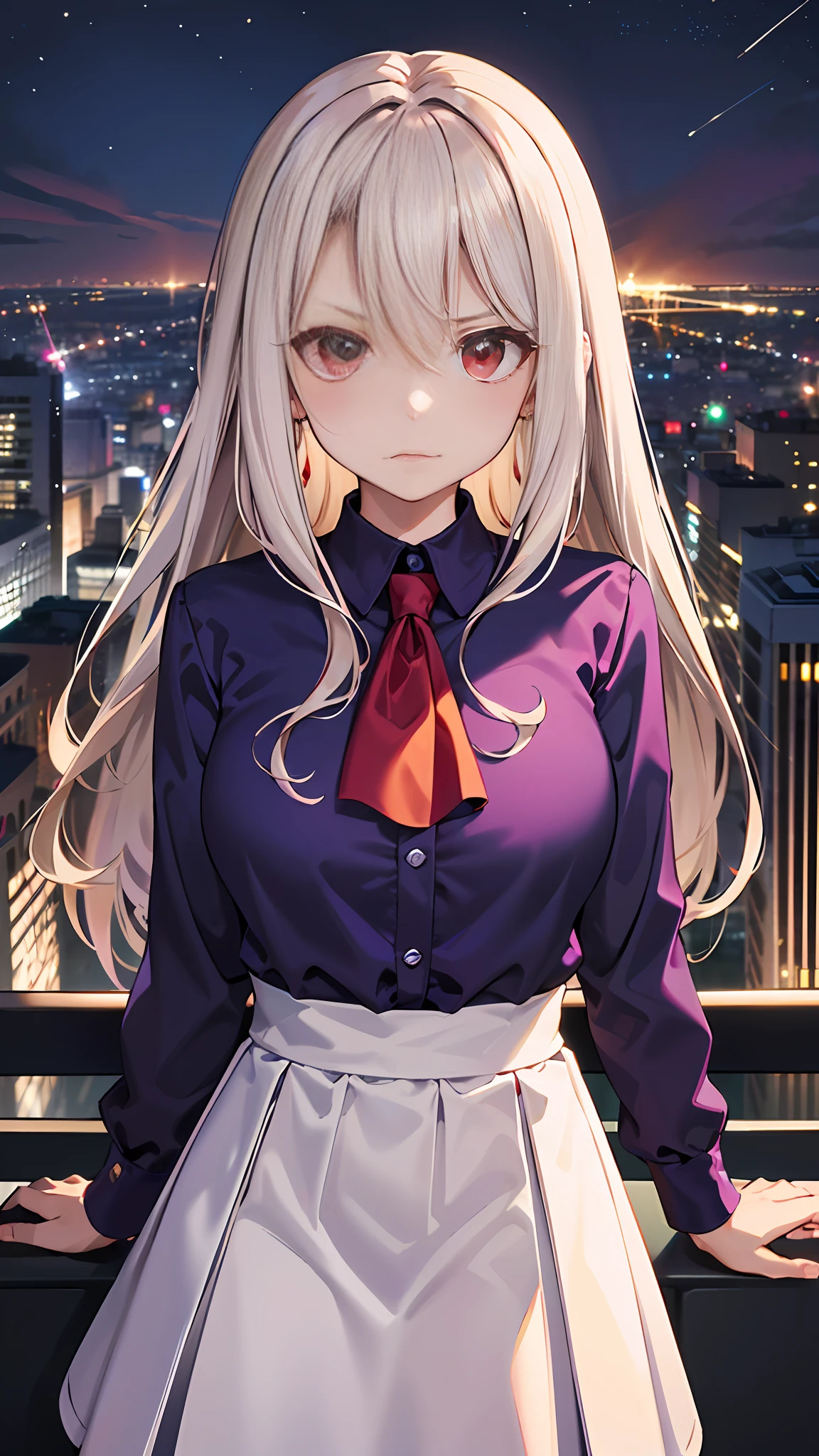 (Masterpiece:1.4), (Best quality:1.4), 1girl huge large breasts, solo, 
Red eyes, White hair, Long hair, (illyasviel von einzbern:1.2), bangs, hair between eyes, Purple shirt, whitish skirt, purple ascot, scowling, angry
looking at viewer, Upper body, 
City, city scenery, Sky, Night，