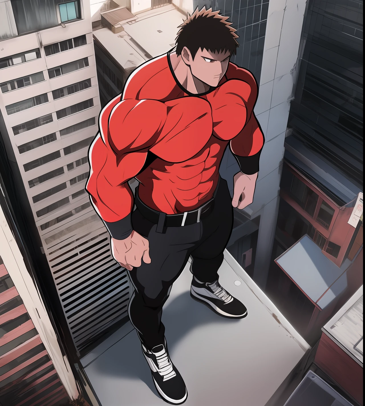 Anime character standing on ledge in urban setting with city buildings -  SeaArt AI