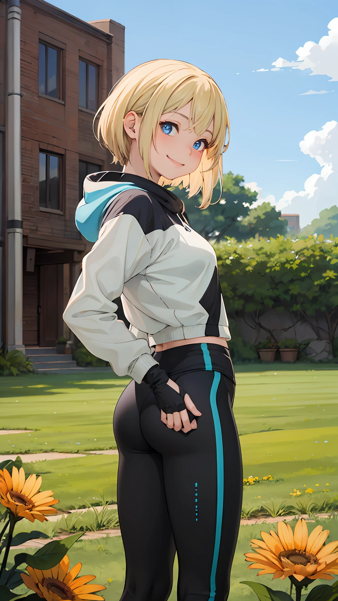 best quality, masterpiece, small breasts, smile, sweatshirt, leggings, outdoors, alone, anime style, grass field, daytime, blue sky, blue eyes, detailed eyes, medium hair, blonde hair, loose hair, bangs, ass,