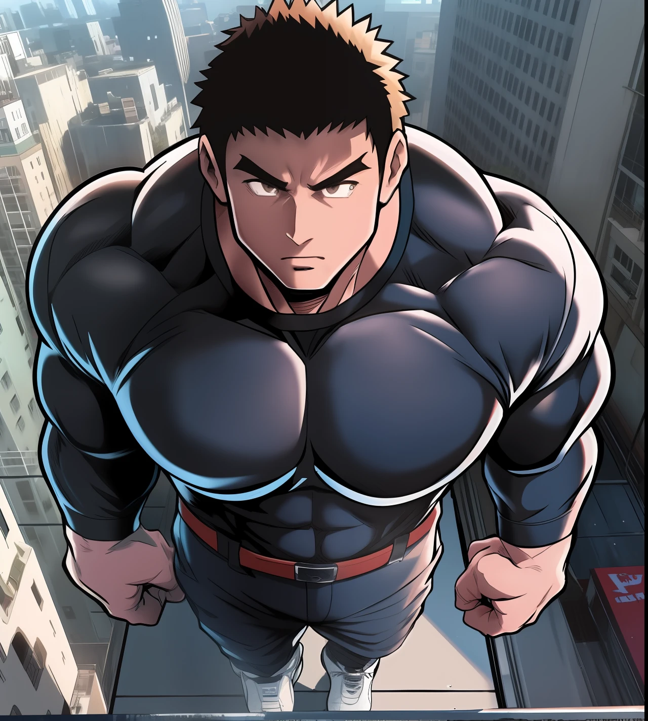 Generate anime-style art with a high-angle shot of a muscular male character with his body facing the camera, THE CHARACTER IS STANDING ON TOP OF A TALL BUILDING, The protagonist must have an extremely muscular body, very tall, similar to that of a bodybuilder. The character must have very short hair with dark brown bangs and must be wearing a red long sleeve T-shirt with black pants and a belt and must be wearing a white sneaker. The image should depict the character's entire body, focusing on his intimidating posture. The protagonist must exude strength and dominance, displaying a powerful presence. The scene should feature only the muscular character, THE CHARACTER SHOULD BE ON TOP OF A BUILDING SHOWING A LARGE CITY BELOW HIM