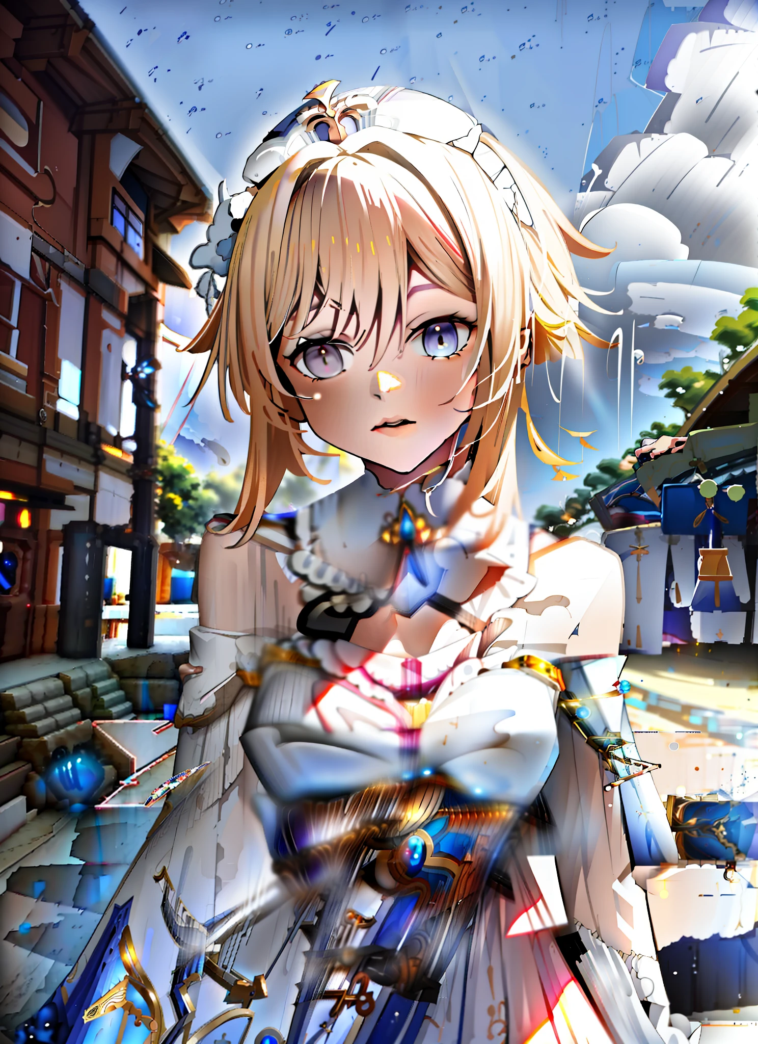 a woman in a white dress standing on a street next to a building, Impacto de Ayaka Genshin, ayaka jogo Genshin impact, Keqing de Genshin Impact, Cute anime waifu in a nice dress, Genshin, portrait knights of zodiac girl, deusa anime, Personagem Genshin Impact, menina anime atraente, personagem de anime feminino, visual anime de uma menina bonito